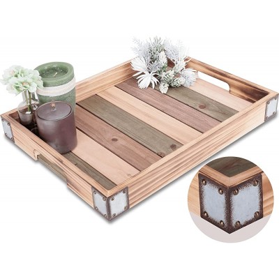 Wood Rustic Decorative Serving Tray with Rustic Metal Corner Farmhouse Decorative Coffee Table Tray Rectangular Ottoman Tray Bar Serving Tray for Kitchen Living Room Coffee Bar Decor 17x13 Inches - B39C6J0P7