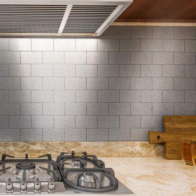 Art3d 100-Pieces Peel and Stick Tile Kitchen Backsplash Metal Wall Tiles Brushed Aluminium Subway - BOD2UZWUS