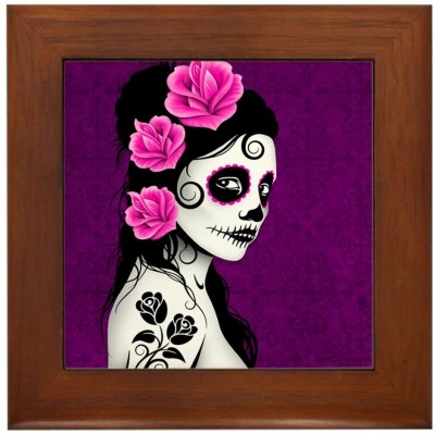 CafePress Day of The Dead Girl Purple Framed Tile Framed Tile Decorative Tile Wall Hanging - BSR9D185Y