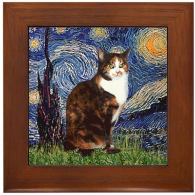 CafePress Starry Night & Calico Cat #1 Framed Tile Framed Tile Decorative Tile Wall Hanging - BAFND0KMW