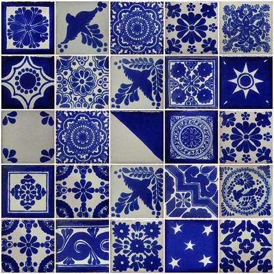 Color y Tradicion 25 Hand Painted Decorative Talavera Mexican Tiles 2"x2" White and Blue - BKDDT2HS7